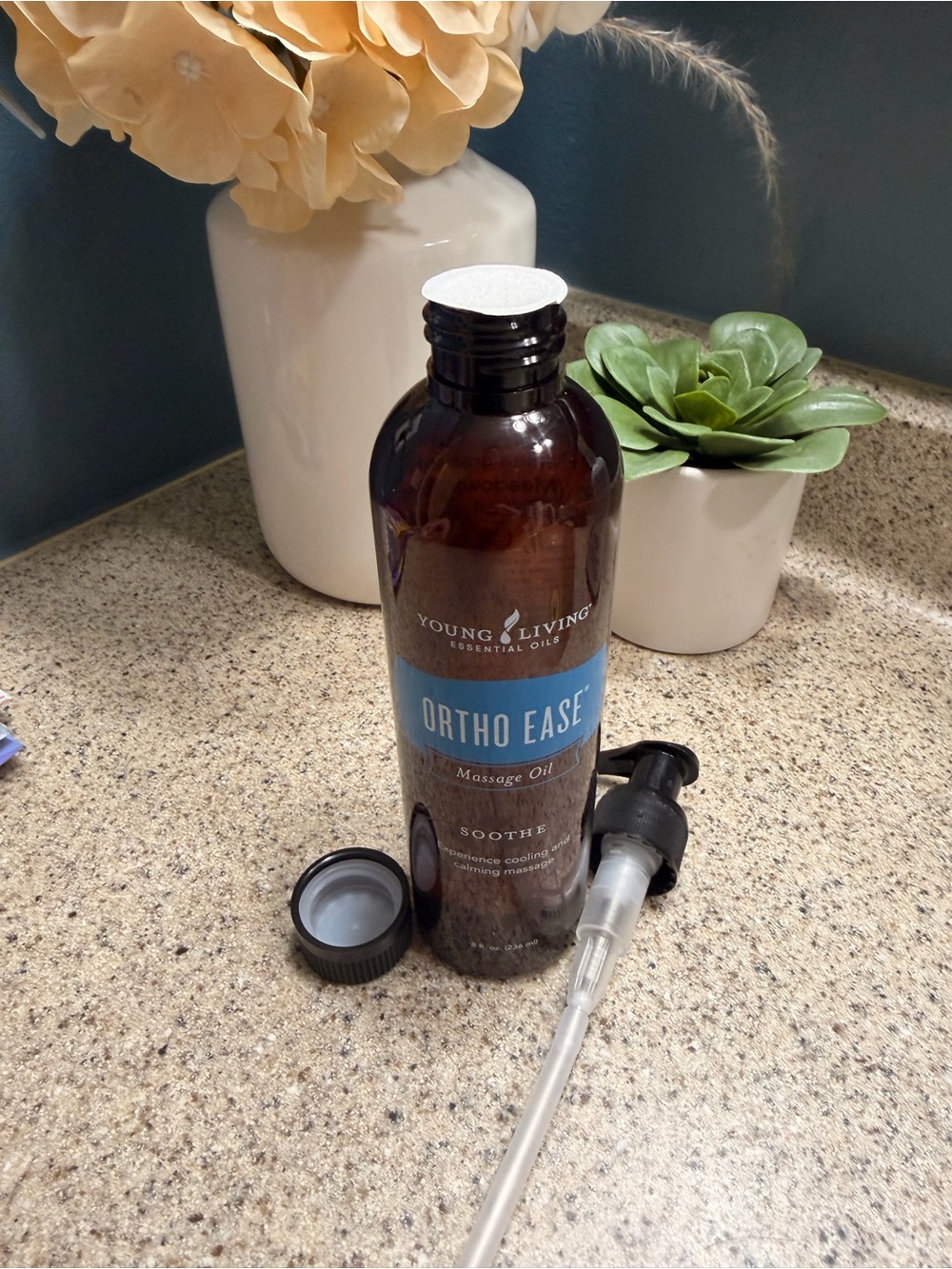 Young Living Ortho Ease Massage Oil - Brown Bottle with Blue Label and Pump